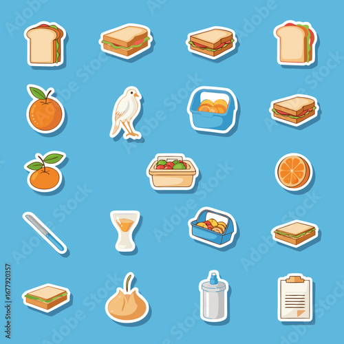 A unique and eclectic sticker set featuring lunch items like sandwiches and oranges, alongside a bird, a butter knife, and an hourglass. Perfect for creative concepts.