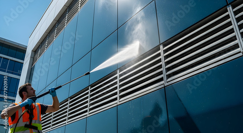 Professional high-pressure cleaning service for a modern office building facade.
