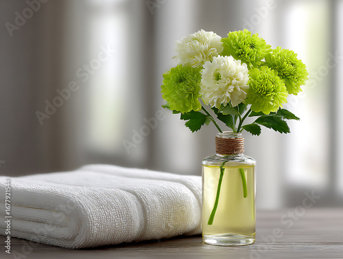 minimalist arrangement of essential beauty items on a clean surface with soft, diffused light