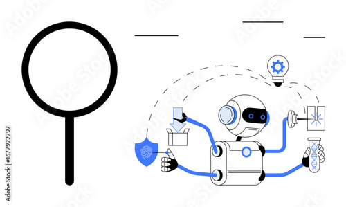 AI robot with multiple arms managing tasks, including research, science, analysis, security, and innovation. Ideal for automation, AI technology productivity research science robotics. Simple