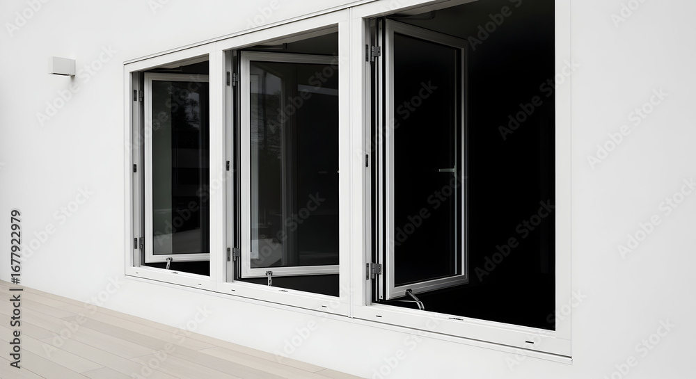 Fototapeta premium Modern white-framed windows open for cleaning and fresh air on a minimalist building exterior