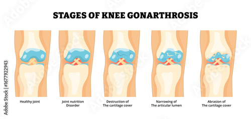 Stages of knee Gonarthrosis stages development process for medical poster, Knee Joint Osteoarthritis. Labeled joint nutrition disorder, cartilage cover abrasion destruction, articular lumen narrowing.