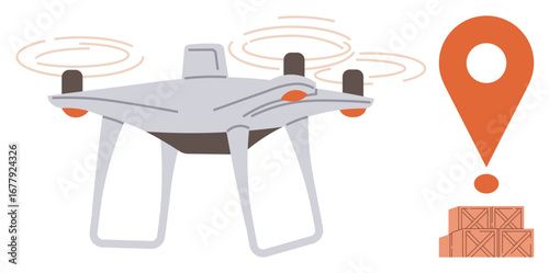 Quadrotor Quadcopter flying near pin marker and wooden boxes, representing delivery, logistics, e-commerce, efficiency, technology, innovation, and supply chain management in a simple flat metaphor