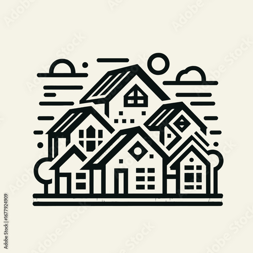 Vector Minimalist Black and White Neighborhood Houses Illustration