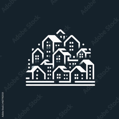 Vector Minimalist Urban Community Icon with White Houses on Dark Background