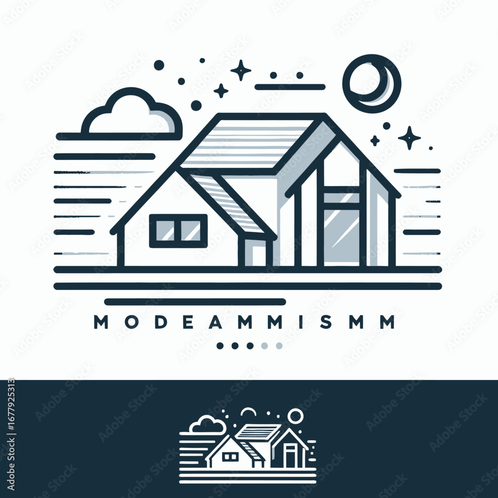 Fototapeta premium Vector Modern Minimalist House Line Art Illustration with 'MODEAMMISM' Branding, featuring Sky Elements and a Geometric Design