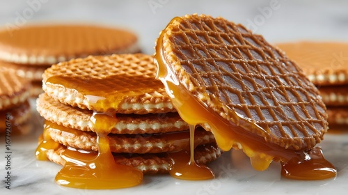 Close-up stroopwafels stacked with caramel dripping.