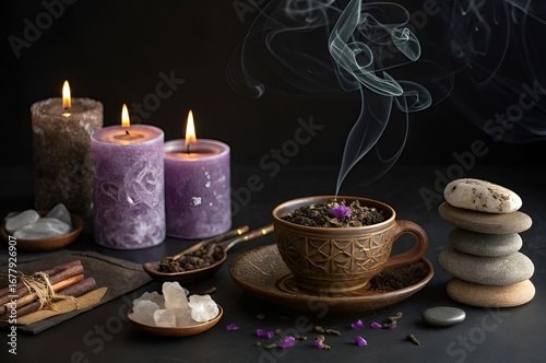 Wallpaper Mural Zen Spa Still Life with Burning Candles, Herbal Tea, Incense Smoke, Crystals and Healing Stones for Relaxation and Meditation. Torontodigital.ca