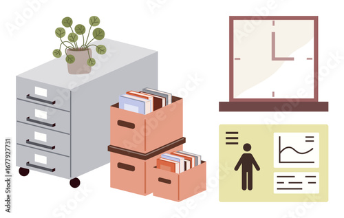 Filing cabinet with a potted plant, boxes filled with documents, a wall clock, and an infographic board featuring data and charts. Ideal for office management, organization, data presentation, time