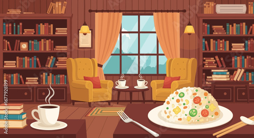 Cozy indoor scene with book-filled shelves, food and comfortable furniture