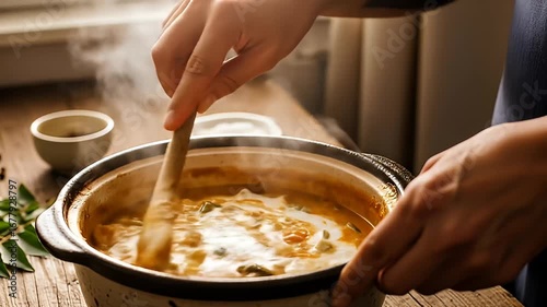 hands stirring creamy hot stew in a rustic pot