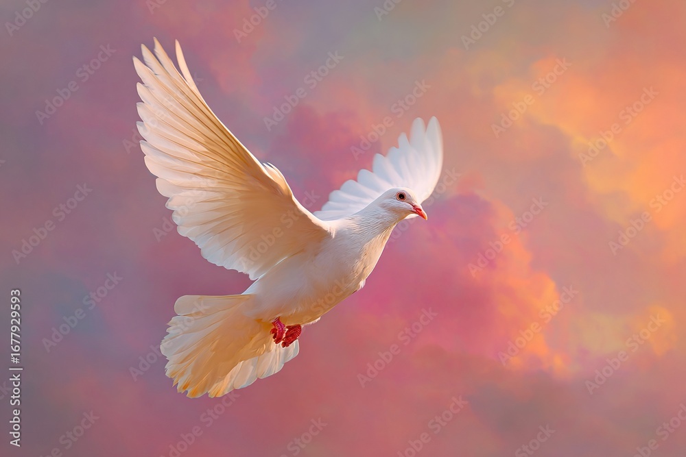 Obraz premium White Dove Flying in Pink and Orange Sunset Sky, Freedom and Peace Symbol with Warm Gradient Background, Spiritual or Nature-Themed Design Element.