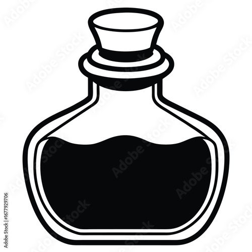 Black and white illustration of a vintage glass bottle with a cork stopper and dark liquid vector