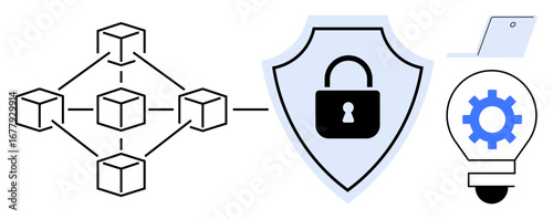 Blockchain structure connected to a cybersecurity shield and a gear-brain idea bulb, symbolizing security, technology, innovation, and system reliability. Ideal for blockchain, cybersecurity