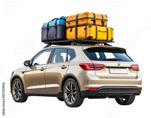 Realistic Hatchback with Roof Luggage Side View PNG