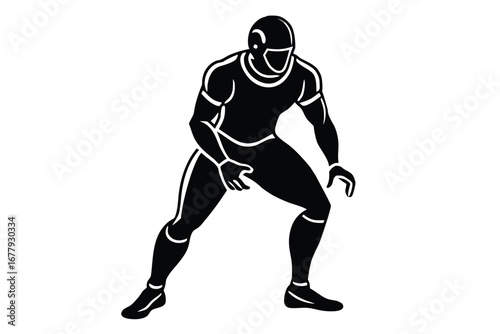 Black and white silhouette of a football player in a ready stance on a white background athlete