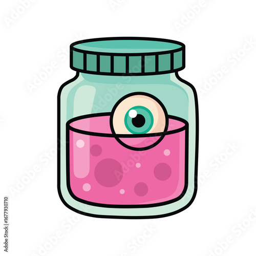 Illustration Vector Graphic Cartoon of Eyeball in Jar with Pink Liquid for Halloween