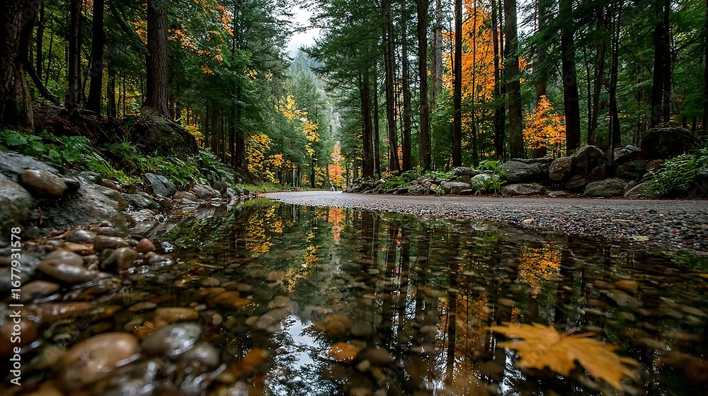 Obraz premium Forest trees reflected in water with rocks and fallen leaves.