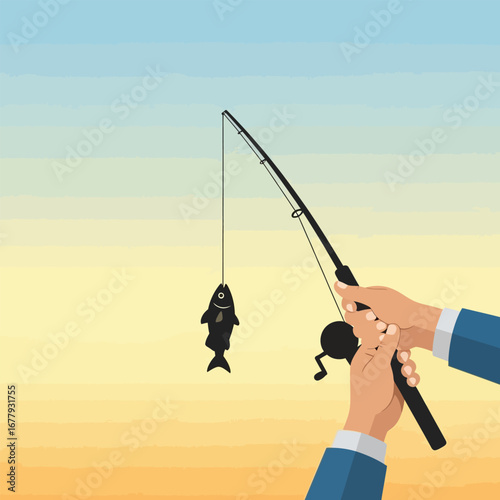 Hands holding a fishing rod with a fish caught on the line, against a gradient background.