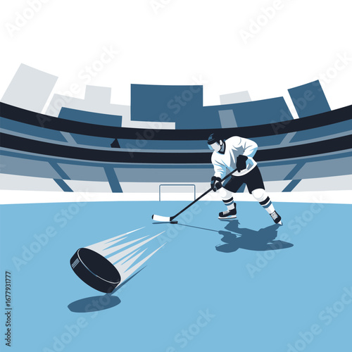 Hockey player shoots a puck on the ice rink in a stadium, creating a motion blur effect.