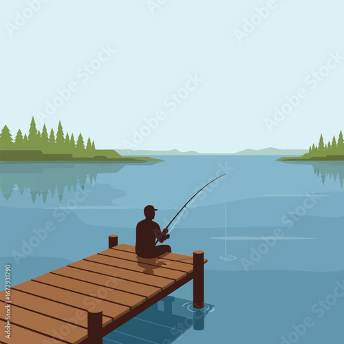 A man fishing from a wooden pier on a calm lake surrounded by trees and mountains.
