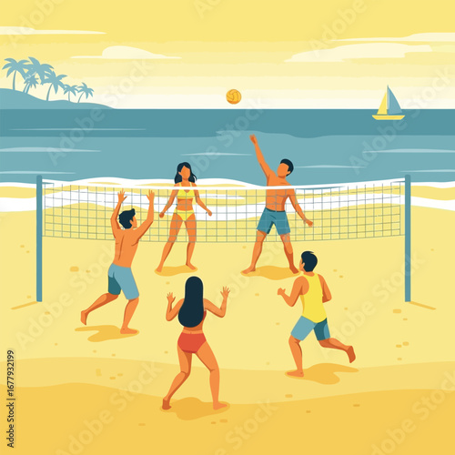 A group of people playing beach volleyball on a sunny day, enjoying the sport.