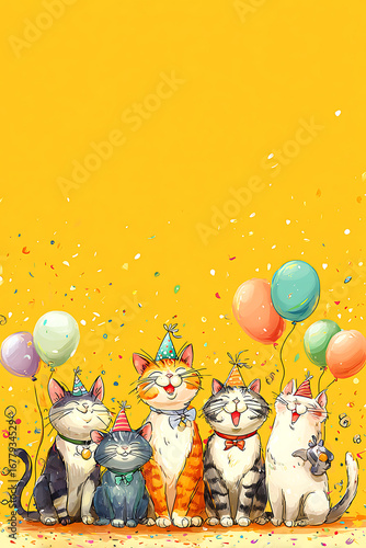 Colorful illustration of five cats celebrating a birthday party with balloons and confetti