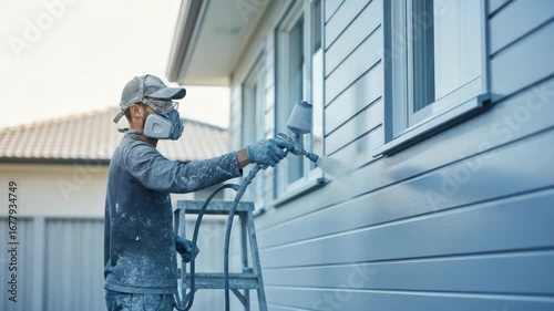Painter sprays house siding