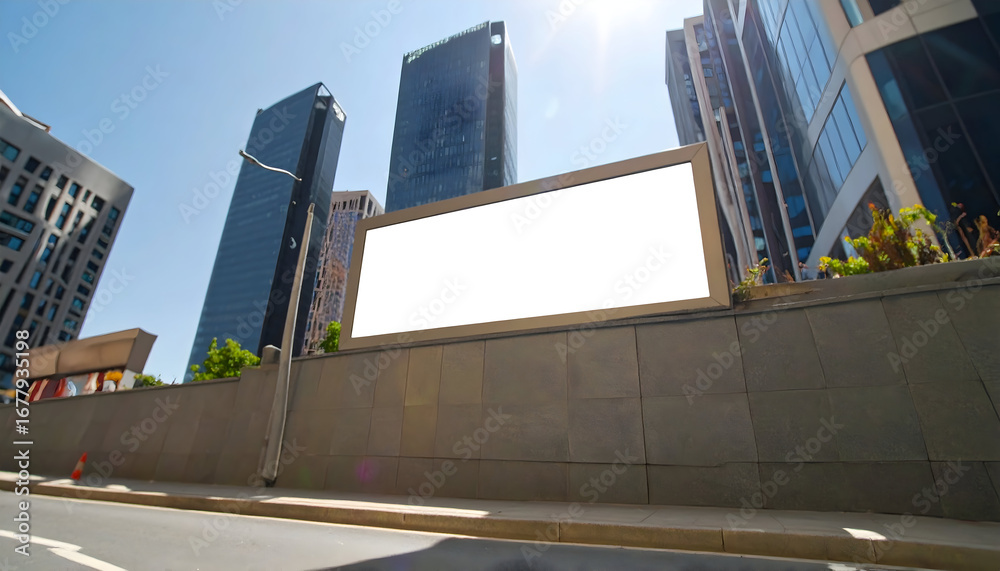 Fototapeta premium Urban Landscape Featuring Modern Skyscrapers and Large Blank Billboard on a Sunny Day