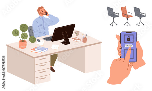 Man talking on the phone at a desk with computer and books, smartphone screen displaying unlock, and three empty office chairs. Ideal for office work, security, multitasking, remote work, workplace
