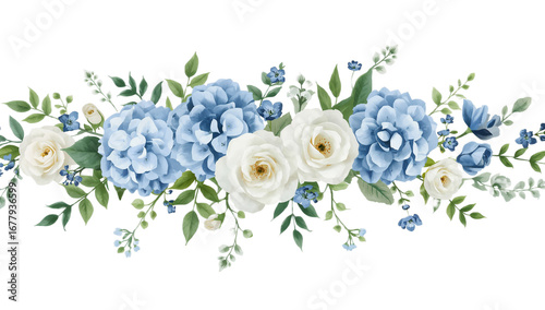 Elegant watercolor floral arrangement with blue hydrangeas, white roses, and green leaves, perfect for wedding invitations or decorative borders