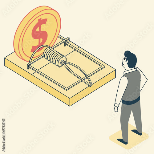 Man facing financial trap with dollar bait in mousetrap illustration