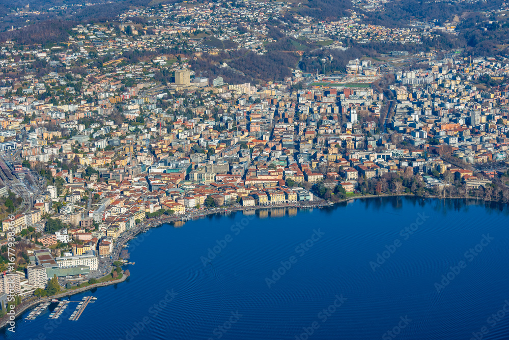 Fototapeta premium Lugano in Switzerland viewed from Monte San Salvatore