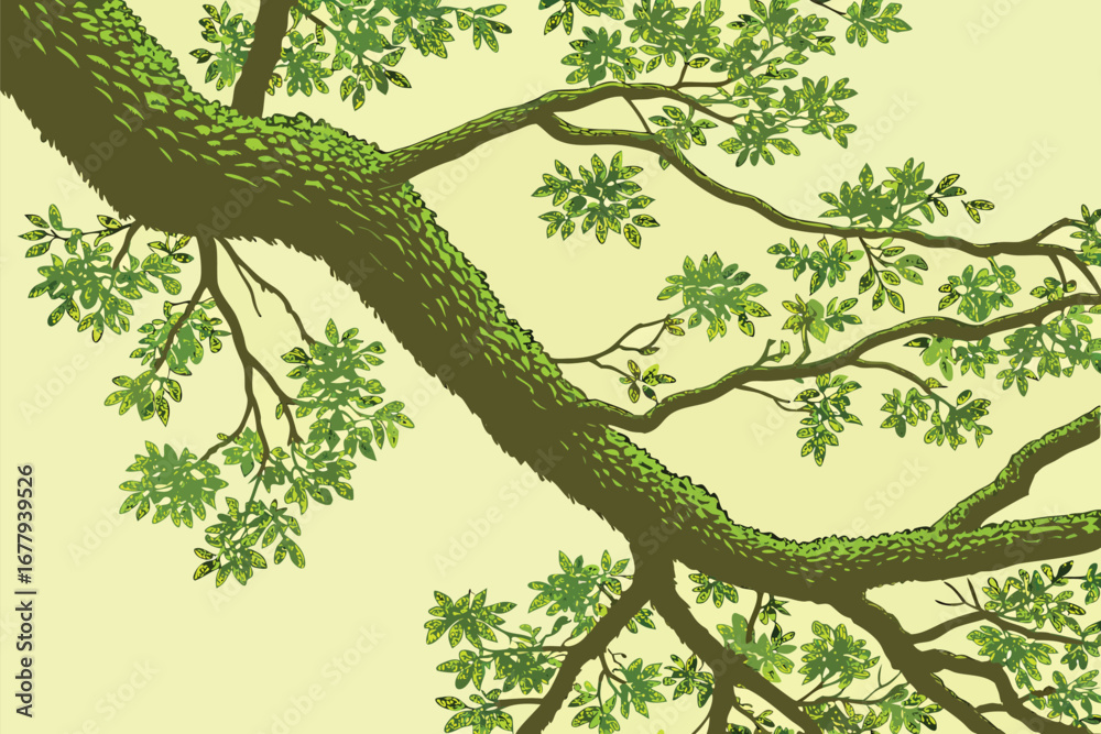 Fototapeta premium Detailed branches of a leafy tree curve across light background in a unique vector