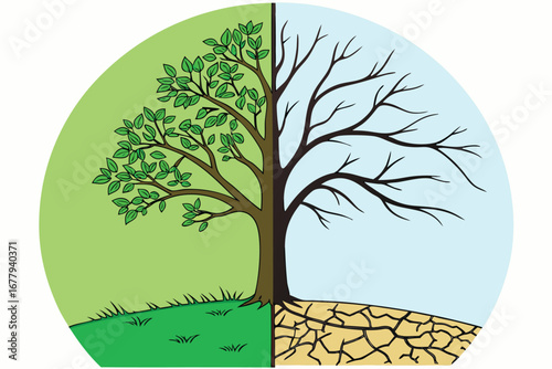 Verdant leaves contrast with barren branches, depicting environmental dichotomy inside circular shape