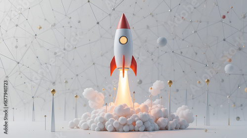 A startup rocket launch, business growth concept, 3D illustration, isolated on white background