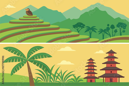 Verdant rice terrace with perching bird contrasts with vibrant temple and palm vista