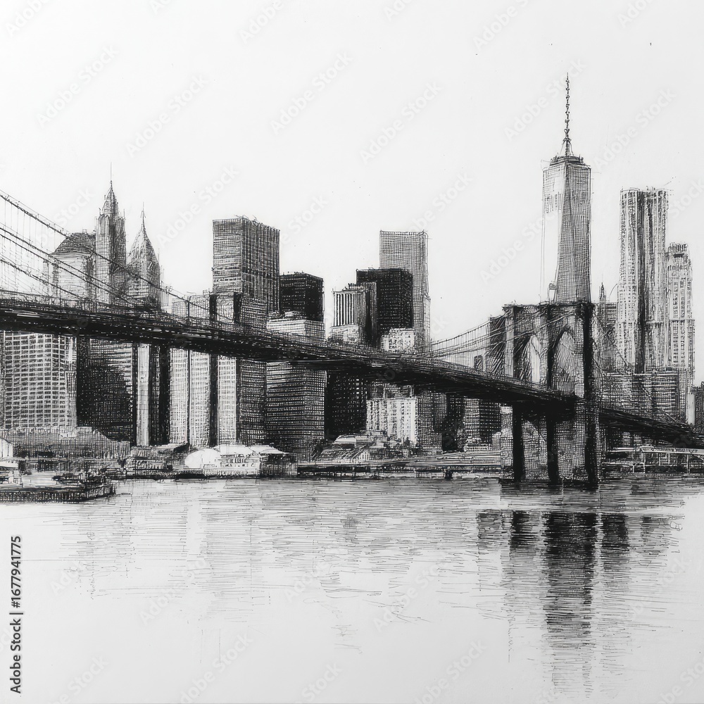 Obraz premium Graphite drawing of NYC skyline with bridge