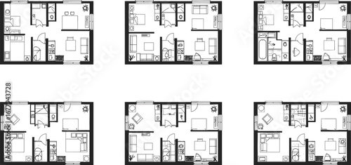 Multiple apartment floor plan CAD drawings, vector architectural blueprints showing different two-bedroom layouts with kitchen, bathroom, and living spaces