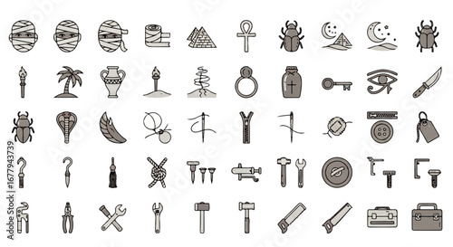 A diverse set of monochrome line art icons featuring Egyptian symbols, sewing items, and various hand tools.