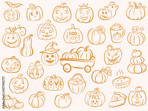 Pumpkin Doodle Fall Harvest Halloween Icons Featuring Cute Faces, Pie, and Jack-o'-Lanterns
