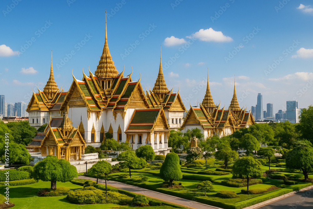 Naklejka premium Panoramic view of Grand Palace in Bangkok, golden rooftops shining under bright daylight, surrounded by lush gardens and city background, majestic and historic atmosphere, cinematic