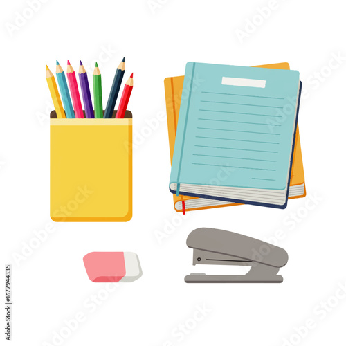 Colorful pencils in a yellow holder, stacked notebooks, pink eraser, and gray stapler