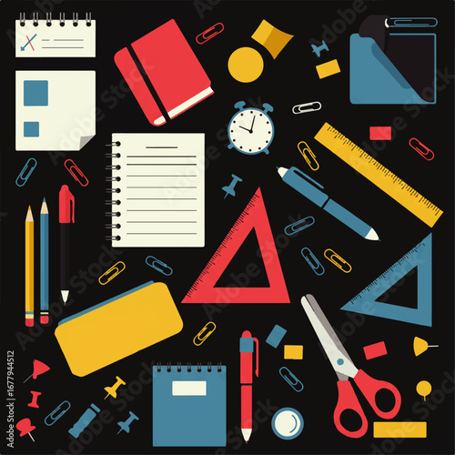 Flat Lay of Colorful School Supplies on a Dark Background, Featuring Rulers and Notebooks
