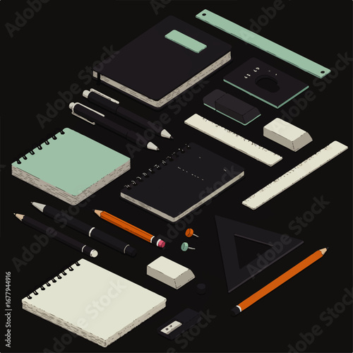 Isometric view of assorted stationery items including notebooks, pens, pencils and rulers