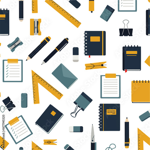Seamless pattern of flat design school and office supplies in blue and yellow