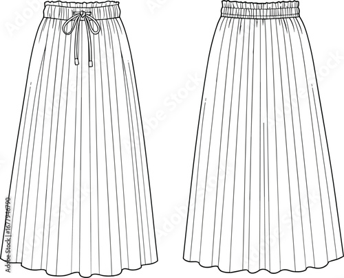Pleated Skirt Flat Sketch, Elastic Waist Maxi Skirt, Fashion CAD Template, Vector Skirt Illustration, Technical Apparel Drawing