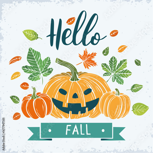 Hello Fall, Autumn leaves, pumpkins background