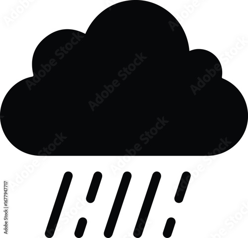 Flat design illustration of a dark rain cloud with raindrops on a white background.
