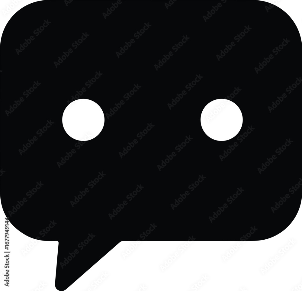 Flat design of a black speech bubble icon with two white circles on a plain white background